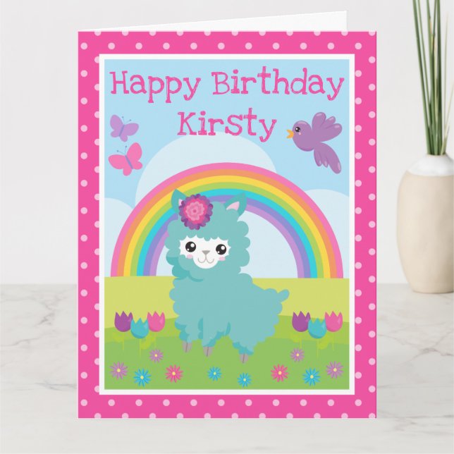 Tarjeta Cumpleaños Lindo Llama Floral de Primavera Verde A (Anverso)