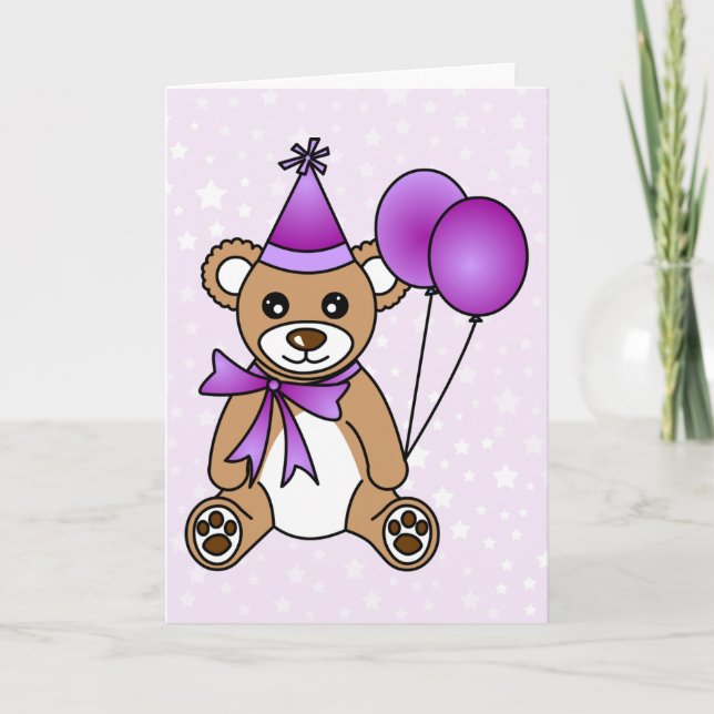 Tarjeta Cumpleaños lindo Oso de Teddy - Púrpura (Anverso)