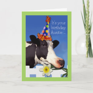 Tarjeta Cumpleaños lindo para la tía con vaca graciosa