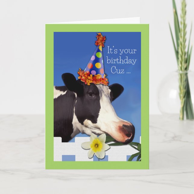 Tarjeta Cumpleaños lindo para un primo con una vaca gracio (Anverso)