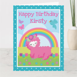 Tarjeta Cumpleaños Llama Rosa Primavera Floral y Arcoíris