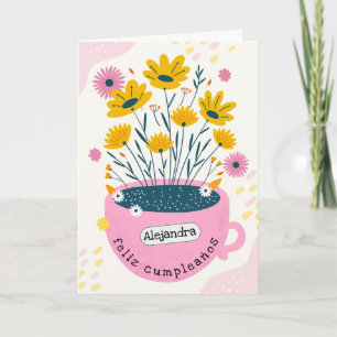 Tarjeta Cumpleaños Maceta Taza de Café Rosa Lindo Español