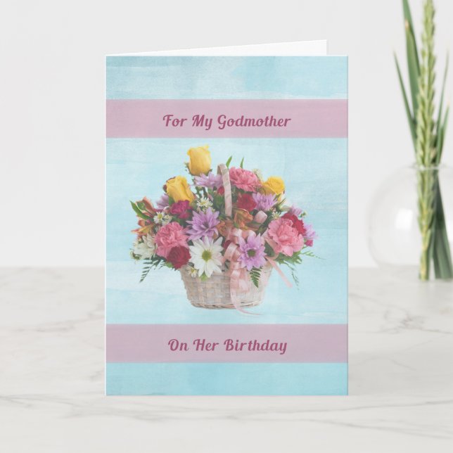 Tarjeta Cumpleaños, Madrina, flores coloridas en una canas (Anverso)