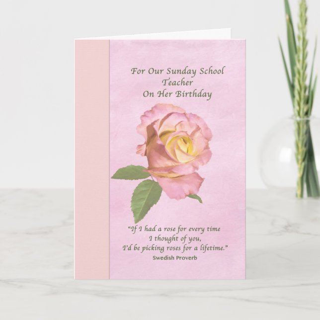 Tarjeta Cumpleaños, maestro de escuela dominical, Rosa de  (Anverso)