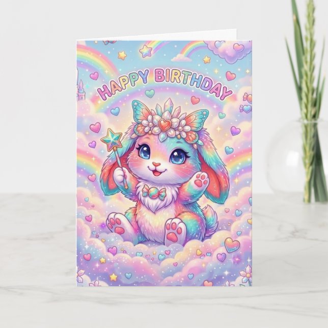 Tarjeta Cumpleaños Mágico Conejo Arcoíris Caprichoso Niños (Anverso)
