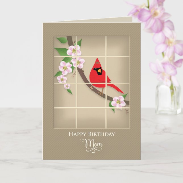Tarjeta Cumpleaños, Mamá, Cardenal Rojo/Flores de Apple (Orquídea)