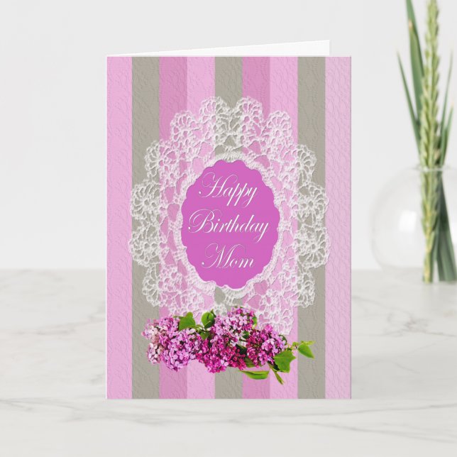 Tarjeta CUMPLEAÑOS - Mamá - Moda vieja - Lilacs y encaje (Anverso)
