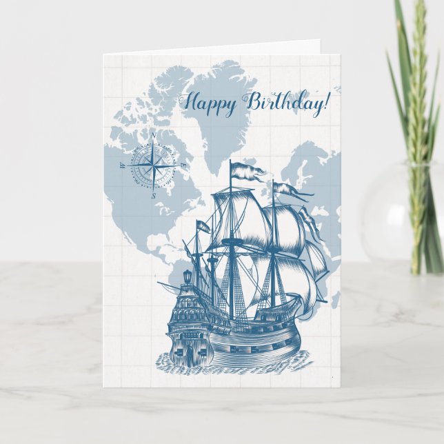 Tarjeta Cumpleaños Mapa Náutico Azul (Anverso)