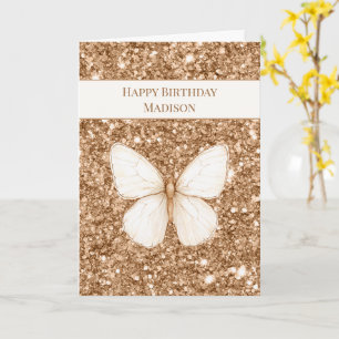 Tarjeta Cumpleaños Mariposa Blanca Brillo Falso Dorado