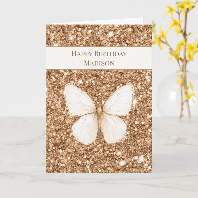 Tarjeta Cumpleaños Mariposa Blanca Brillo Falso Dorado (flor amarilla)