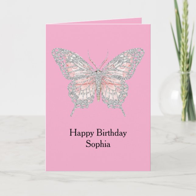 Tarjeta Cumpleaños Mariposa de Plata Rosa (Anverso)