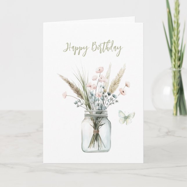 Tarjeta Cumpleaños Mariposa Flores Rosadas Azules en Tarro (Anverso)