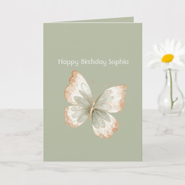 Tarjeta Cumpleaños Mariposa Verde Crema Tostada (Planta pequeña)