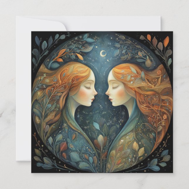 Tarjeta Cumpleaños Místico Gemelos Zodiac Astrología (Anverso)