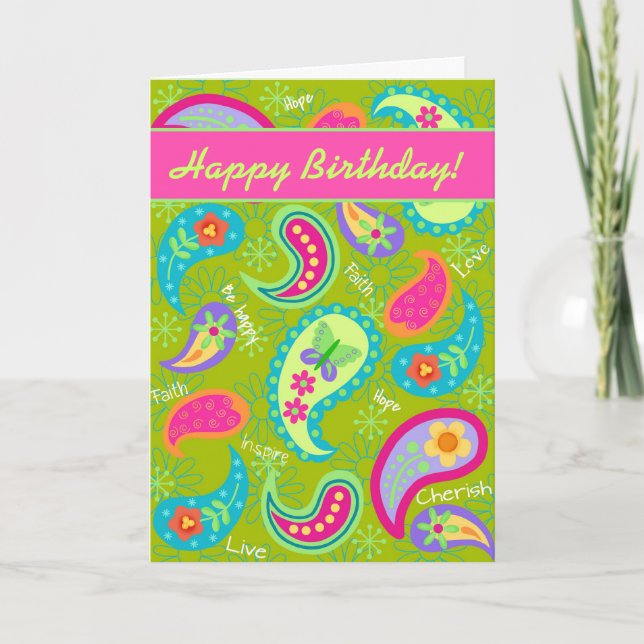 Tarjeta Cumpleaños moderno fucsia de Paisley del verde (Anverso)
