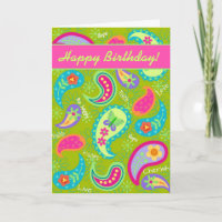 Cumpleaños moderno fucsia de Paisley del verde