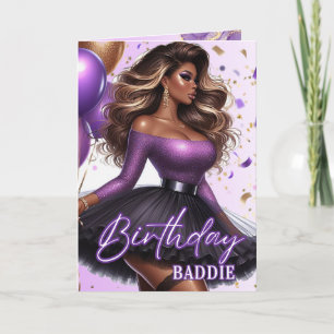 Tarjeta Cumpleaños Morado Mujer Afroamericana Curvilínea y