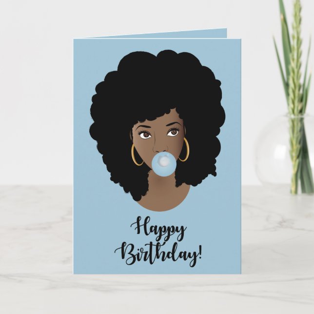 Tarjeta Cumpleaños! Mujer negra, bblegum, azul (Anverso)