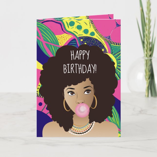 Tarjeta Cumpleaños! Mujer negra, bblegum, colorido (Anverso)