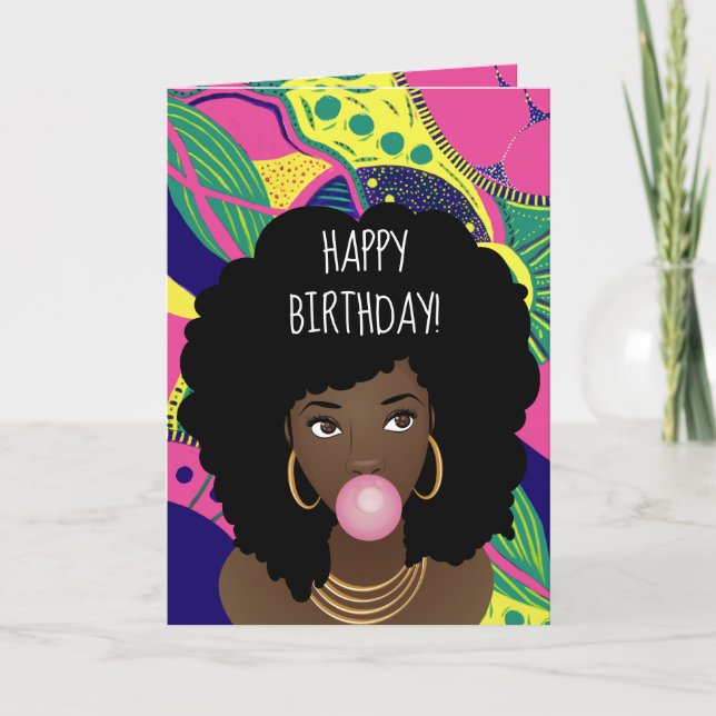 Tarjeta Cumpleaños! Mujer negra, bblegum, colorido (Anverso)