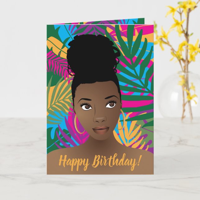 Tarjeta Cumpleaños! Mujer negra, colorida tropical (flor amarilla)