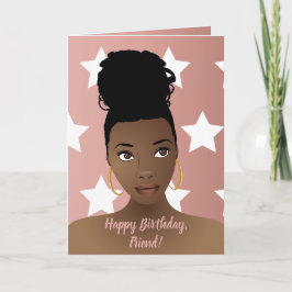 Tarjeta Cumpleaños! Mujer negra, estrellas blancas, rosa