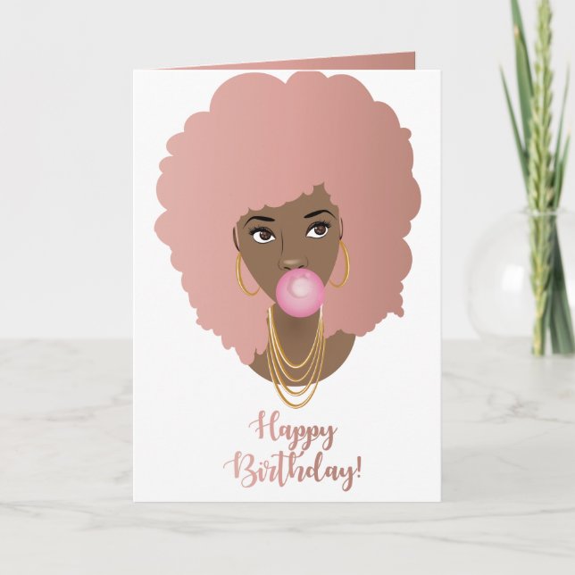 Tarjeta Cumpleaños! Mujer negra, huevo rosa de pelo rosado (Anverso)