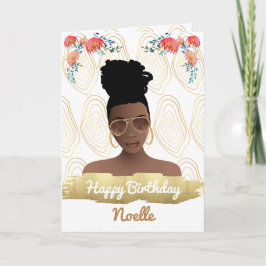 Tarjeta Cumpleaños, mujer negra, oro de las floridas