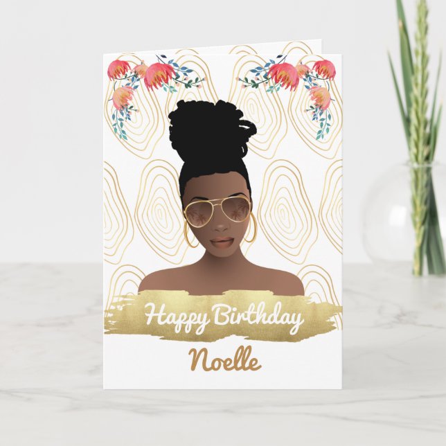 Tarjeta Cumpleaños, mujer negra, oro de las floridas (Anverso)