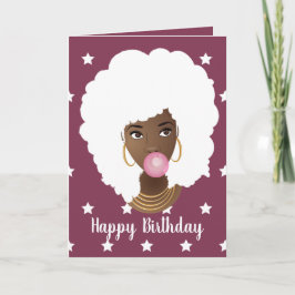 Tarjeta Cumpleaños! Mujer negra, pelo blanco y estrellas