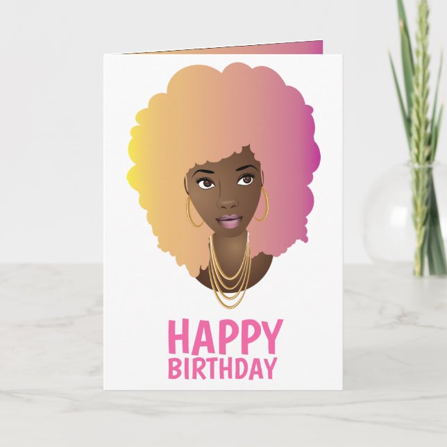 Tarjeta Cumpleaños! Mujer negra, pelo colorido (Anverso)