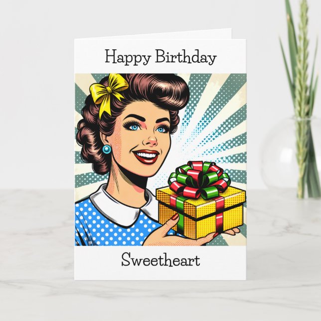Tarjeta Cumpleaños | Mujer retro con regalo (Anverso)