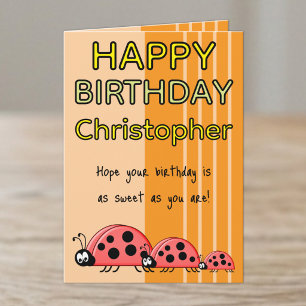 Tarjeta Cumpleaños naranja agregar nombre mariquitas niños