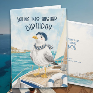 Tarjeta Cumpleaños Náutico Gaviota Barco de Vela Costero F