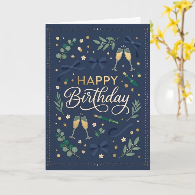 Tarjeta Cumpleaños Navy Greenery (flor amarilla)