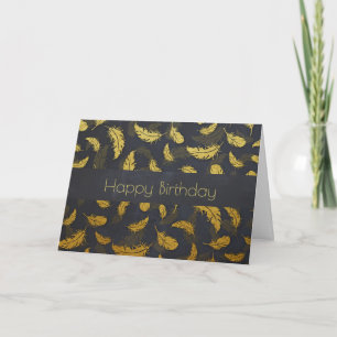 Tarjeta Cumpleaños Negro con Plumas Doradas Elegantes