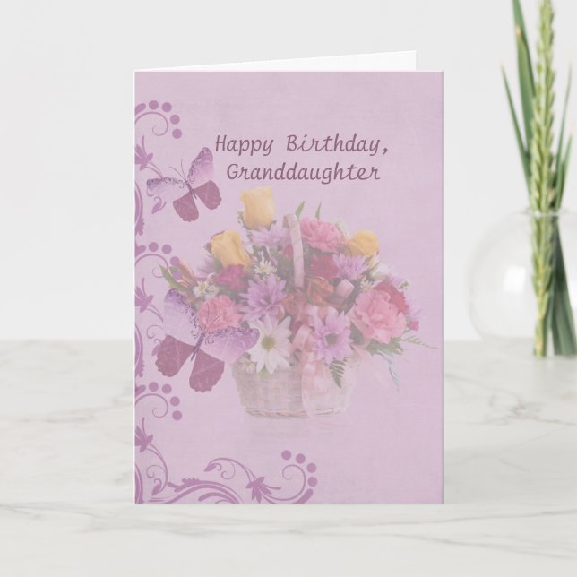 Tarjeta Cumpleaños, nieta, cesta de flores (Anverso)