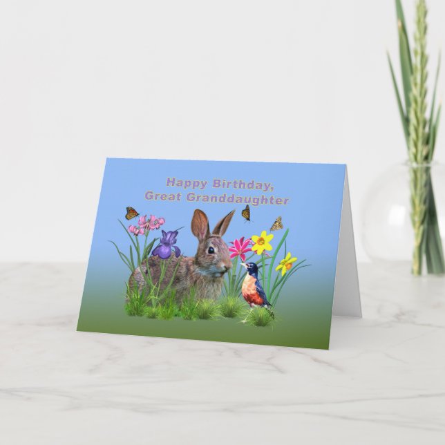 Tarjeta Cumpleaños, nieta, conejito, mariposas, petirrojo (Anverso)
