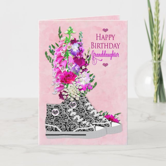 Tarjeta Cumpleaños, nieta, negro de las zapatillas de (Anverso)
