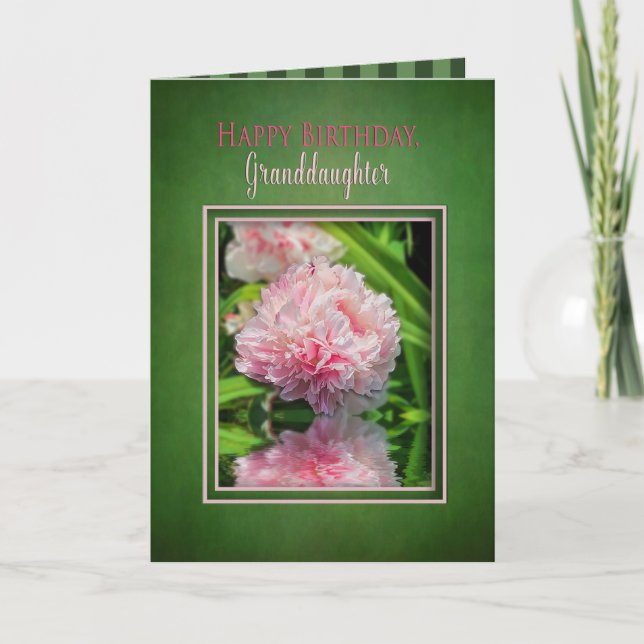 Tarjeta Cumpleaños, nieta, peonías rosadas/reflexiones (Anverso)