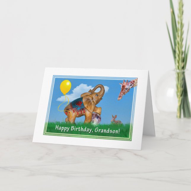 Tarjeta Cumpleaños, nieto, elefante, jirafa (Anverso)