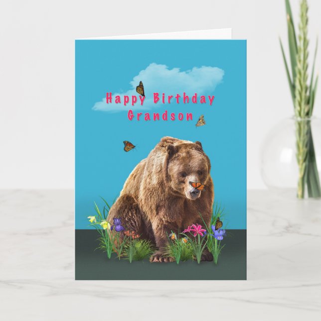 Tarjeta Cumpleaños, nieto, oso y mariposas (Anverso)