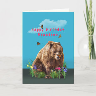 Tarjeta Cumpleaños, nieto, oso y mariposas