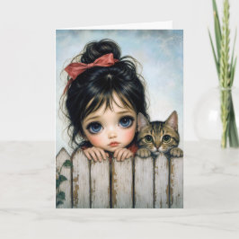 Tarjeta Cumpleaños niña con ojos grandes y gato mascota