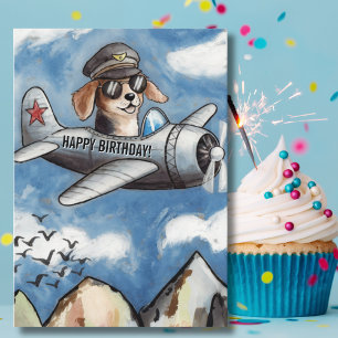 Tarjeta Cumpleaños Niño Perro Avión Nubes Montañas Diverti