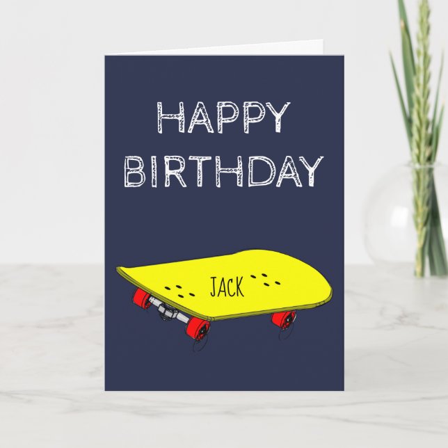 Tarjeta Cumpleaños nombre personalizable skateboard amaril (Anverso)