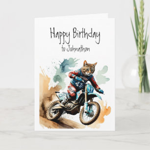 Tarjeta Cumpleaños Nombre Personalizado Cat Riding Motocro