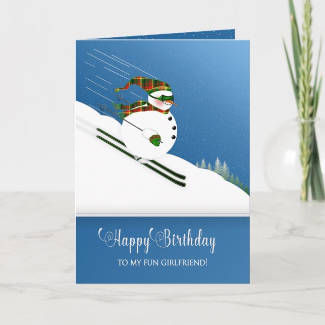 Tarjeta Cumpleaños, Novia, Feliz Esquiador de Snowman (Anverso)