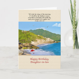 Tarjeta Cumpleaños, nuera, playa, colinas, pájaros