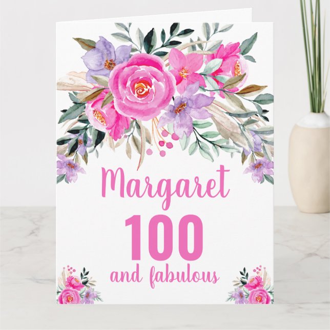 Tarjeta cumpleaños número 100 con flores acuarela rosa (Anverso)
